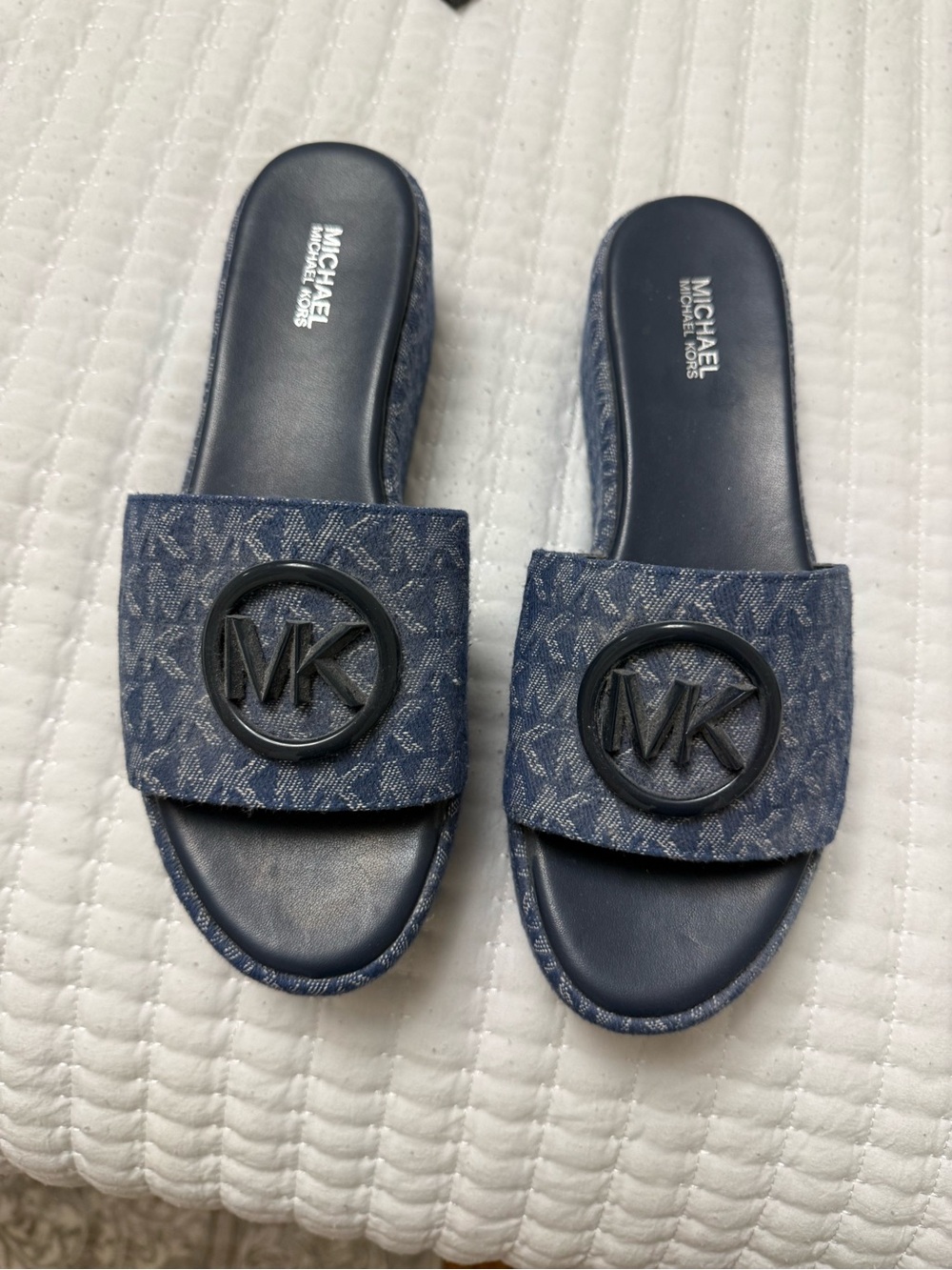 Michael Kors Navy Denim MK Logo Slide Sandals